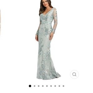 Mac Duggal Embellished V-Neck Illusion Long Sleeve Gown 67539 seamist size 16